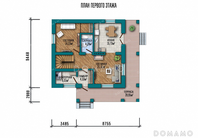 Проект двухэтажного дома с большой террасой / План 1 этажа