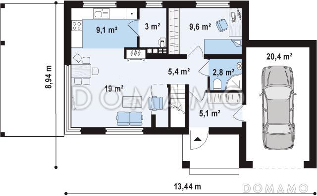 Проект современного двухэтажного дома из кирпича с плоской крышей с кабинетом, гаражом и крытыми террасами на обоих уровнях / План 1 этажа