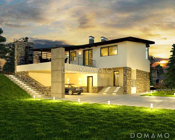 Проект дома с косой крышей, гаражом на две машины, просторной гостиной с камином, хозяйской спальней с камином и балконом, крытой террасой