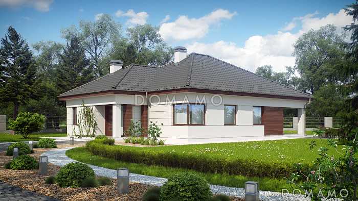 Проект дома с помещениями на одном уровне, выделенной спальной зоной, просторной гостиной, террасой