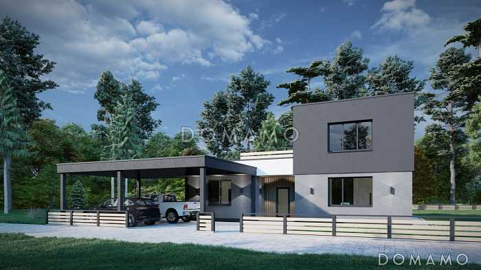 Проект большого дома с навесом для автомобилей, 2 спальнями и кабинетом на втором уровне