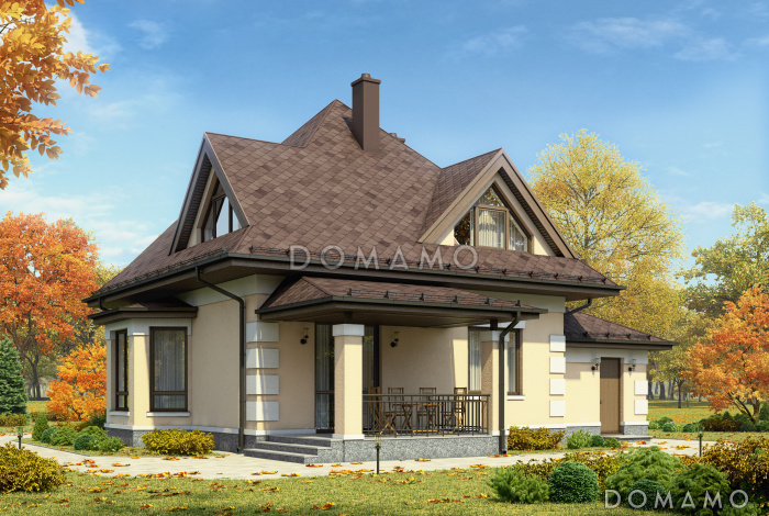 Проект одноэтажного дома из газобетона с мансардой, эркером, гаражом и шатровой ломанной крышей