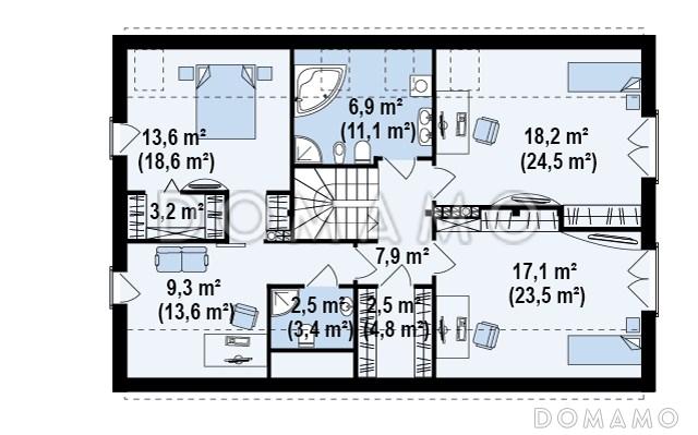 Проект просторного современного одноэтажного мансардного дома из кирпича с большой кухней-столовой, четырьмя комнатами и гаражом / План мансардного этажа