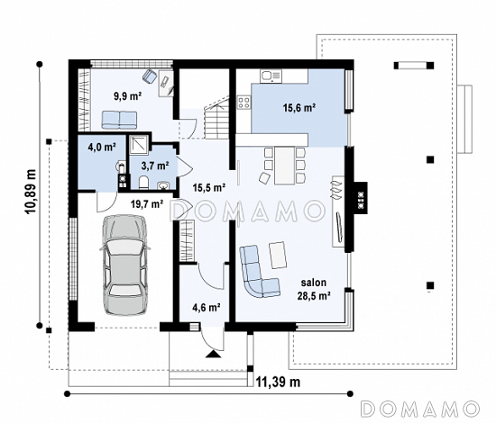 Проект простого комфортного двухэтажного дома из газобетона с тремя спальнями, вторым светом и гаражом / План 1 этажа