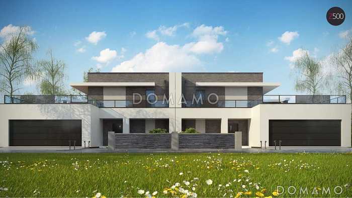 Проект современных мансардных домов-близнецов из кирпича с большим гаражом и открытой террасой на втором этаже