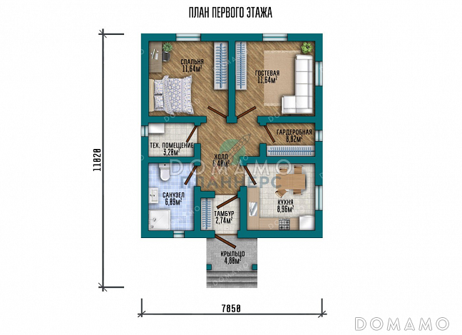 Проект одноэтажного дома с двумя спальнями и каркасными стенами / План 1 этажа