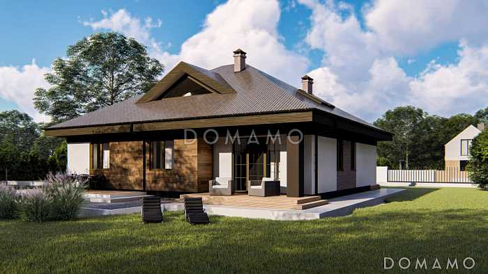 Проект современного дома с мансардным этажом, кладовой, душевой и сауной