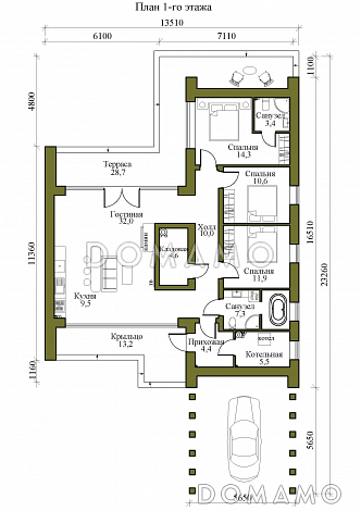 Проект одноэтажного кирпичного дома в стиле хай-тек с "живым" навесом / План 1 этажа