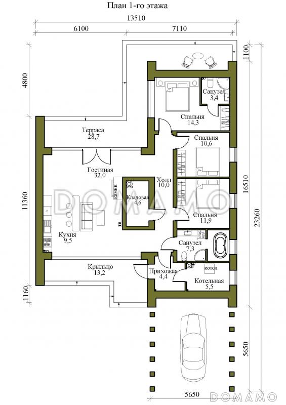 Проект одноэтажного кирпичного дома в стиле хай-тек с "живым" навесом / План 1 этажа