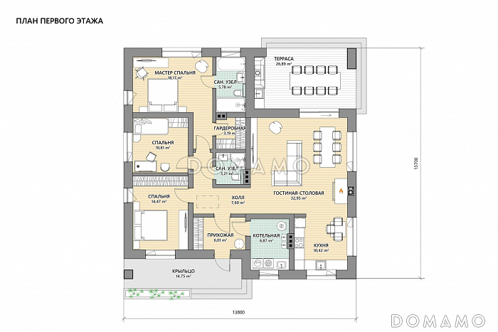Проект одноэтажного дома с 3 спальнями и крытой террасой барбекю / План 1 этажа