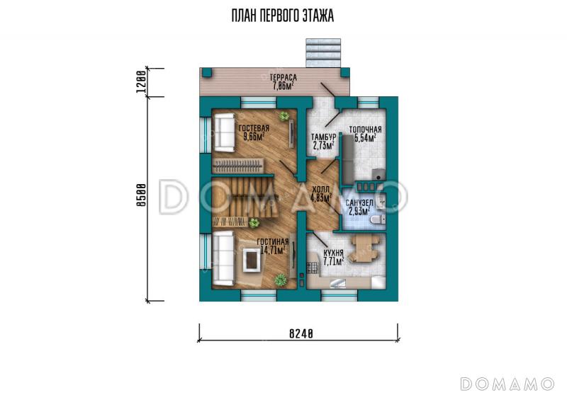 Проект дома с изолированной кухней, вместительной котельной и тремя спальнями на мансарде / План 1 этажа