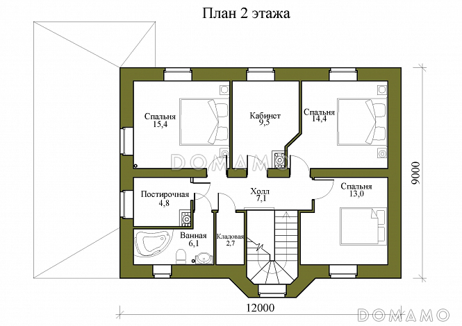 Проект двухэтажного дома с четырьмя спальнями и просторной крытой террасой / План 2 этажа