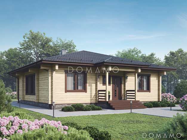 Проект одноэтажного дома из бруса с тремя спальнями и террасой