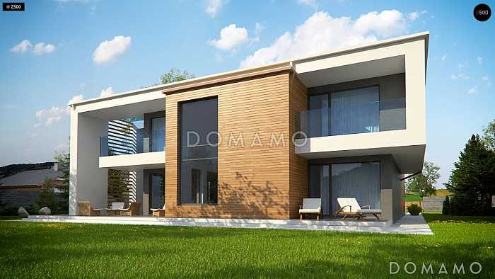 Проект современного двухэтажного дома из кирпича с плоской крышей с четырьмя спальнями, кабинетом, гаражом и большой площадью остекления