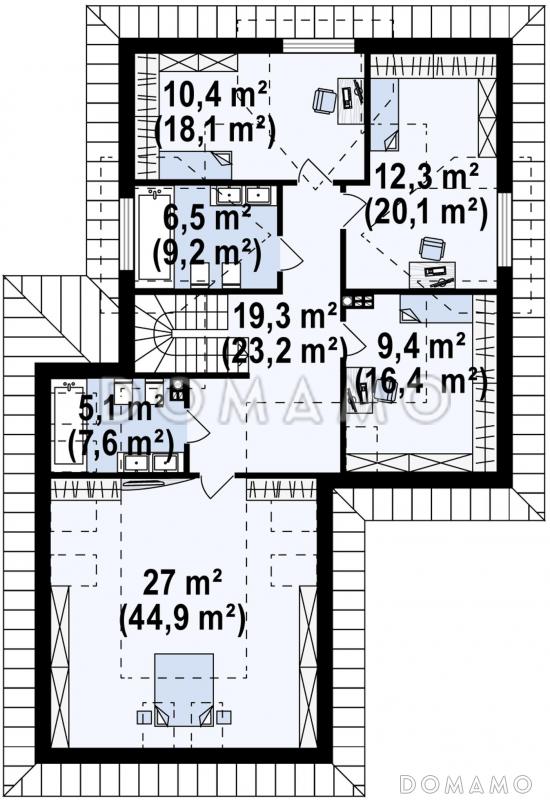 Проект дома с гаражом, постирочной, слуховыми и мансардными окнами в мансарде / План мансардного этажа
