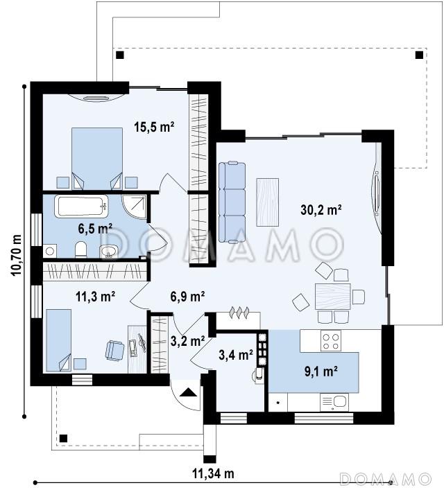 Проект небольшого современного одноэтажного дома из газобетона с двумя спальнями и красивой террасой / План 1 этажа