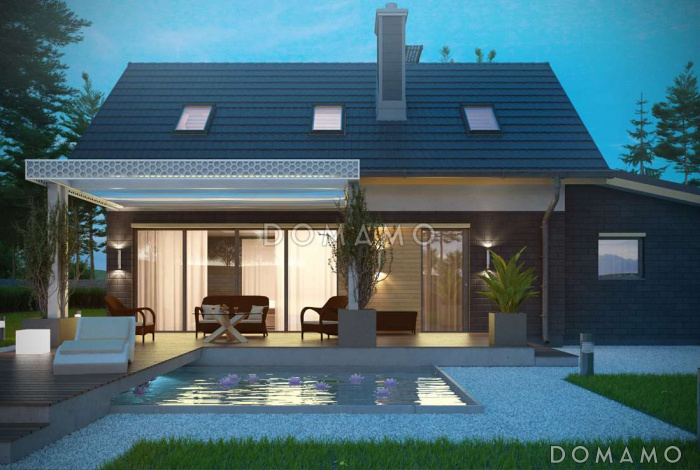 Проект компактного одноэтажного дома из газобетона с ночной зоной на мансардном этаже и с гаражом 