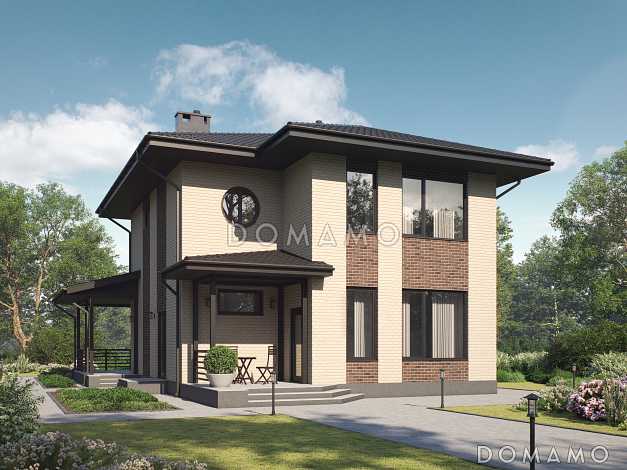 Проект 2-этажного газобетонного загородного дома с террасой