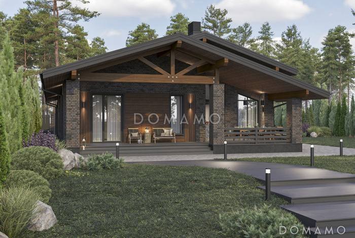 Проект дома с габаритной террасой-барбекю, мастер-спальней, просторной гардеробной