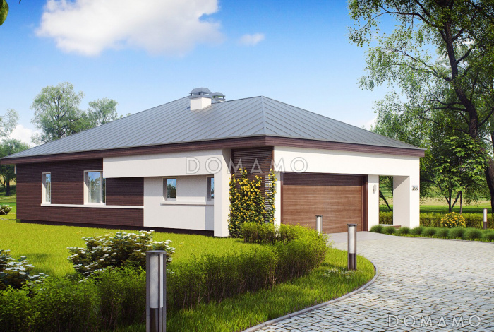 Проект одноэтажного дома с гаражом на 2 машины, кухней с кладовой, мастер-спальней, террасой