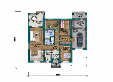 Проект большого одноэтажного дома с пристроенным гаражом, просторной кухней-гостиной, крытой застекленной верандой и навесом перед гаражом / План 1 этажа