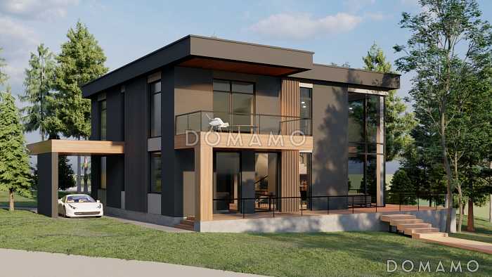 Проект двухэтажного кирпичного дома в стиле хай-тек с масштабным остеклением, вторым светом и спортзалом