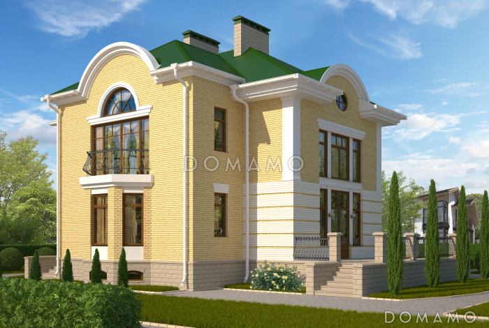 Проект дома с эркером, цокольным этажом с окнами, бассейном и сауной, вторым светом, спальней с балконом