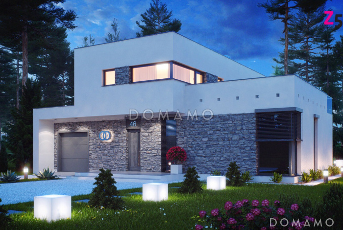 Проект современного двухэтажного дома из кирпича в стиле модерн, с террасой на втором уровне, с гаражом