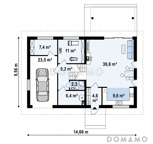 Проект аккуратного одноэтажного дома из газобетона с подземным гаражом и тренажёрным залом в подвальном помещении / План 1 этажа