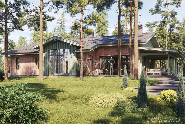 Проект современного дома с террасой и верандой, 3 спальнями, хамамом и навесом для автомобилей