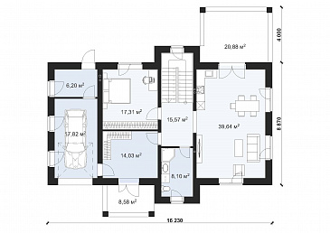 Проект двухэтажного дома с четырьмя спальнями и гаражом на одну машину S-204 / План 1 этажа