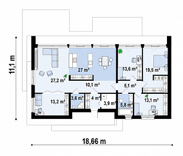 Проект одноэтажного дома простой формы с ванной с окном, кабинетом, просторными гостиной и кухней-столовой / План 1 этажа