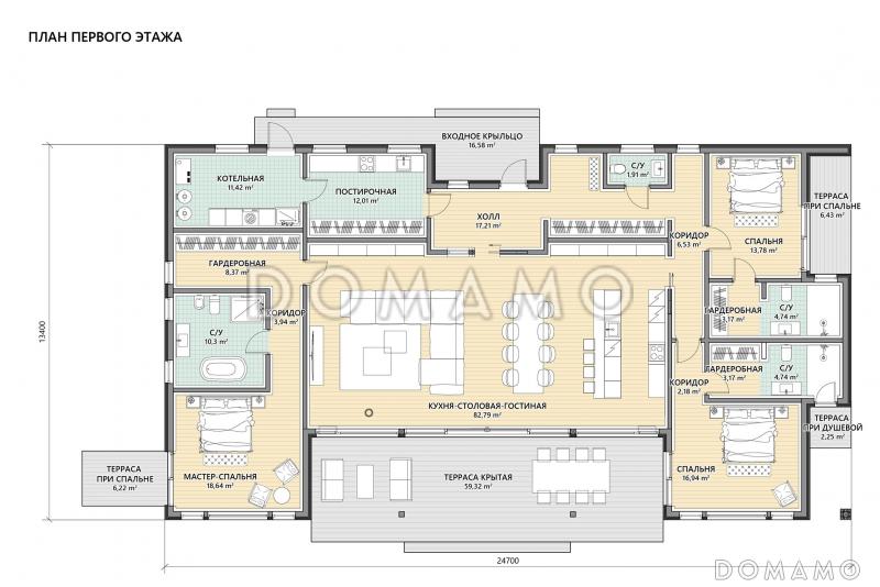 Проект кирпичного одноэтажного дома в стиле барнхаус с панорамными окнами и террасой / План 1 этажа