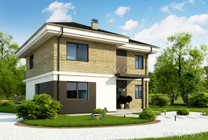 Проект современного двухэтажного дома из газобетона с четырьмя комнатами, большим тех помещением и балконом