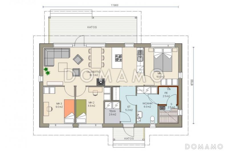 Проект одноэтажного каркасного дома с односкатной крышей / План 1 этажа