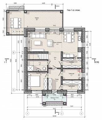 Проект двухэтажного дома с верандой, 4 спальнями, кухней-гостиной и местами для хранения / План 1 этажа