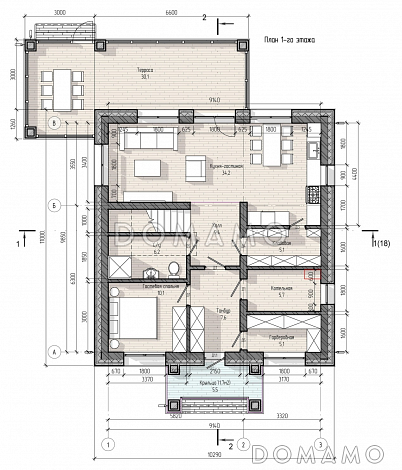 Проект двухэтажного дома с верандой, 4 спальнями, кухней-гостиной и местами для хранения / План 1 этажа