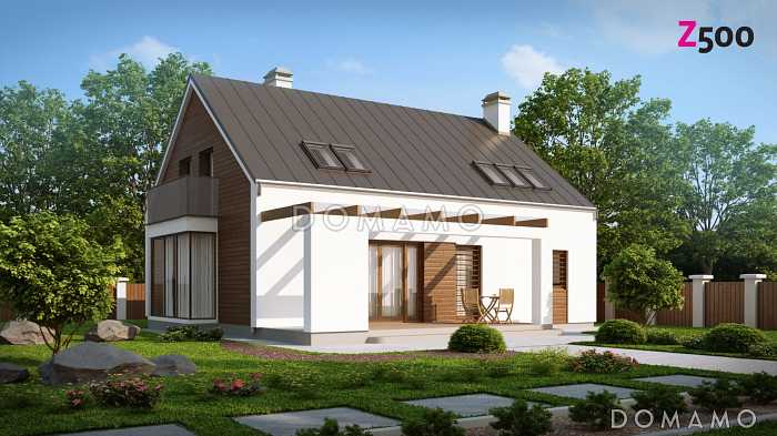 Проект одноэтажного мансардного дома из кирпича со стеклянным эркером в кухонной зоне, балконом над ним и гаражом