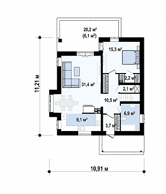 Проект загородного дома с кладовой, балконом, тремя светлыми спальнями в мансарде / План 1 этажа