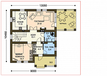 Проект компактного загородного дома с крытой террасой и большой лоджией / План 1 этажа