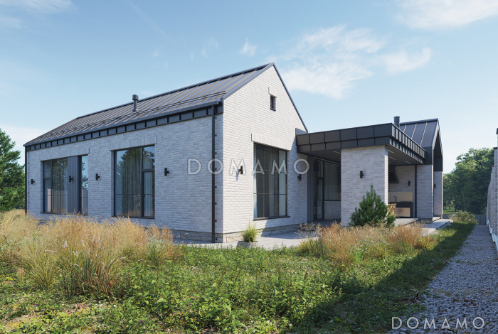 Проект дома с патио, двумя приватными зонами и кабинетом