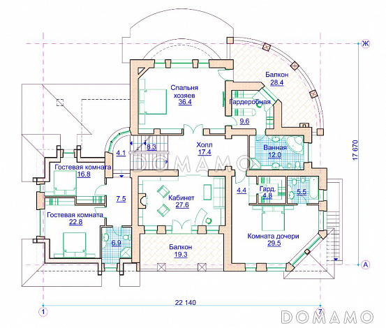 Проект коттеджа в стиле модерн с гаражом на 2 а/м и сауной / План 2 этажа