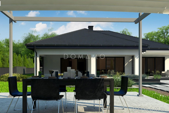 Проект большого одноэтажного дома из кирпича с тремя спальнями, кабинетом с отдельным входом и гаражом