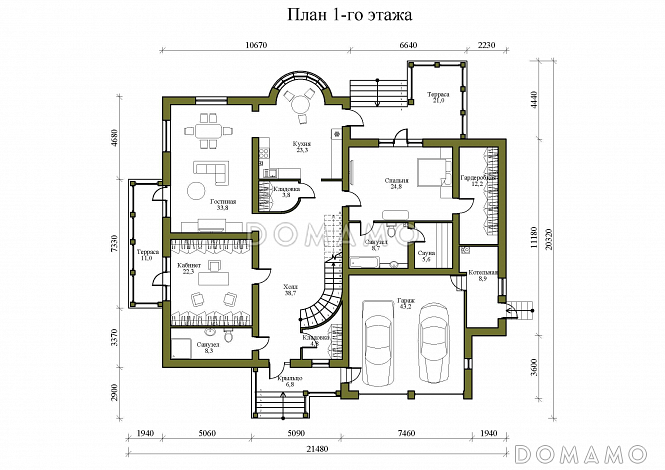 Проект просторного двухэтажного дома с эркером, двумя террасами и гаражом на 2 места / План 1 этажа