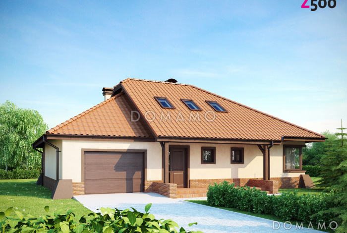 Проект просторного одноэтажного мансардного дома из газобетона с кабинетом, гаражом и комнатой над ним