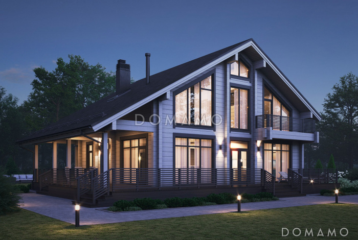 Проект дома из бруса с 4 спальнями, вторым светом и длинной террасой