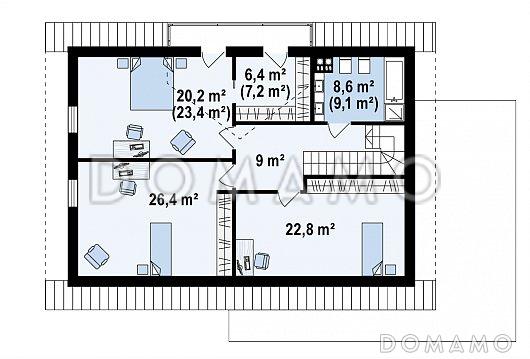 Проект мансардного дома из газобетона со встроенным гаражом, кабинетом и балконом / План мансардного этажа