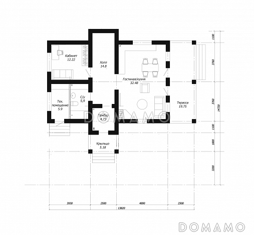 Проект современного дома из клееного бруса с просторным балконом на втором этаже / План 1 этажа