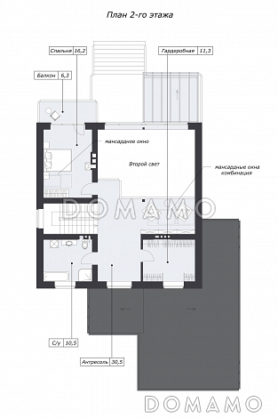 Шале с двумя спальнями, просторной дневной зоной со вторым светом и навесом для двух машин / План мансардного этажа