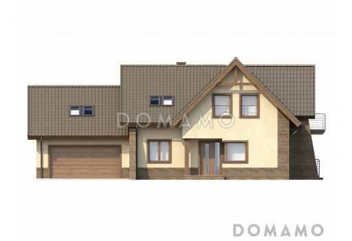 Проект просторного комфортного мансардного дома из кирпича с необычной планировкой и гаражом / Фасад 1